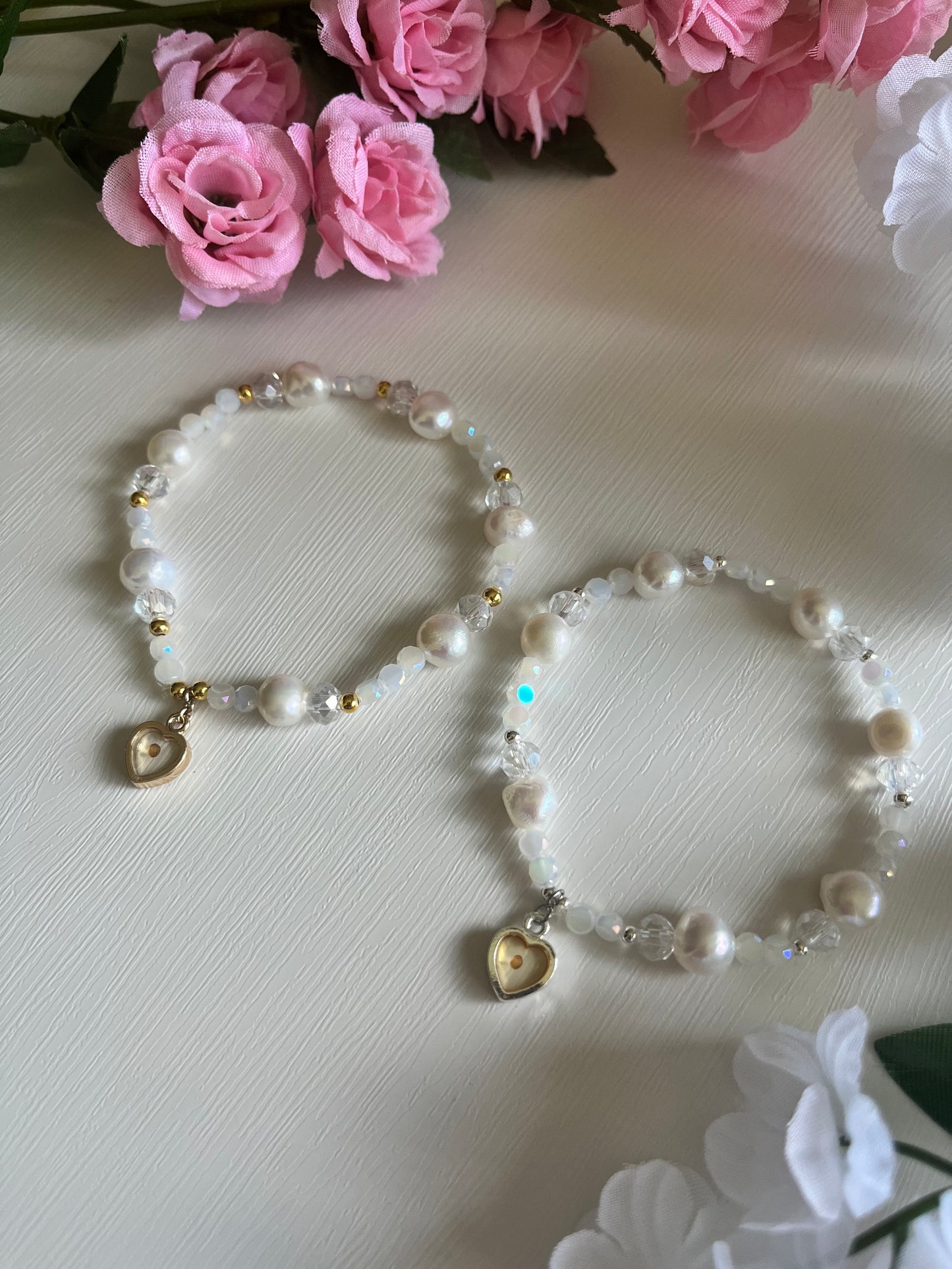 Mustard Seed Freshwater Pearl Bead Bracelet with gold or silver charm