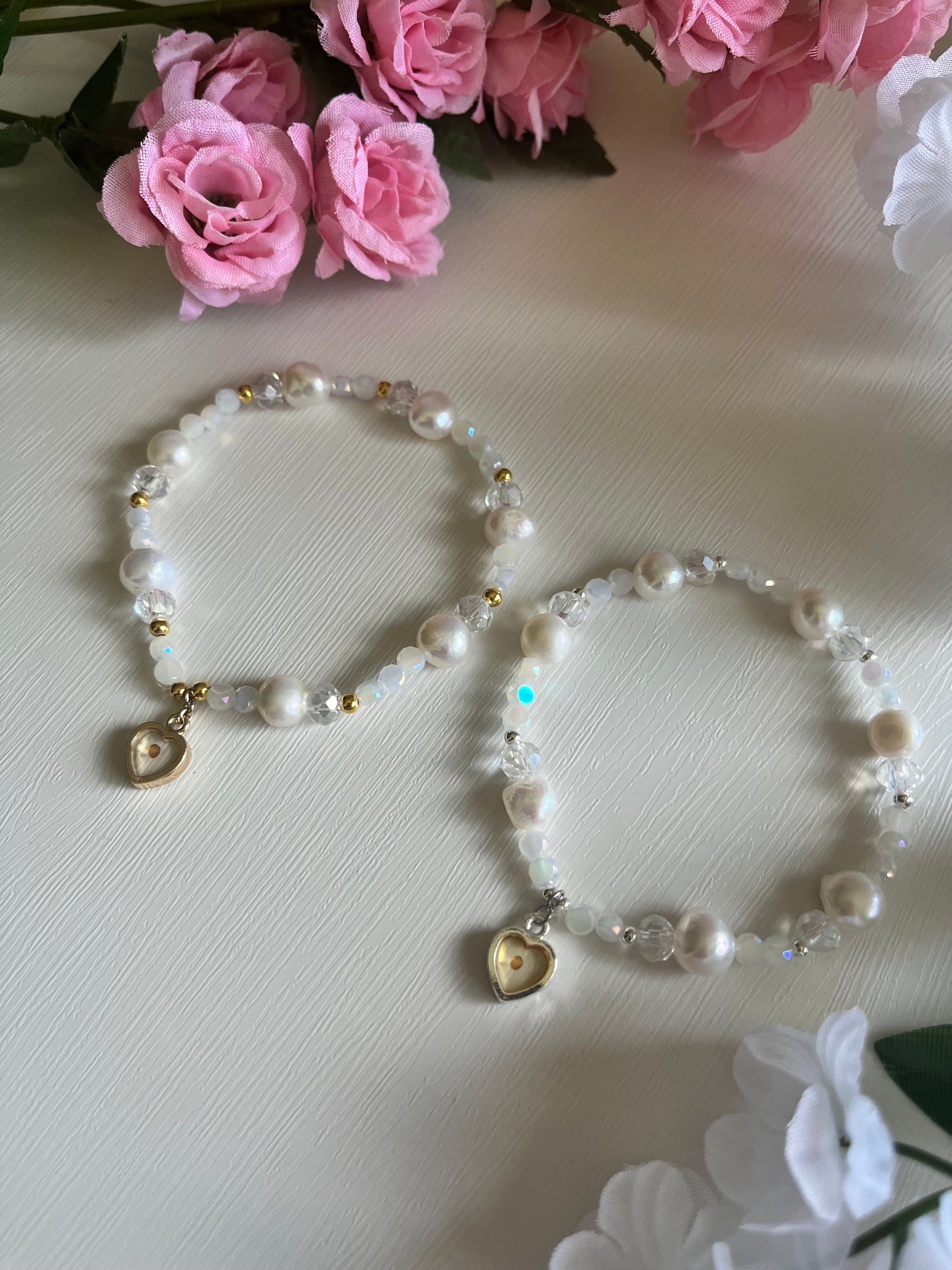 Mustard Seed Freshwater Pearl Bead Bracelet with gold or silver charm