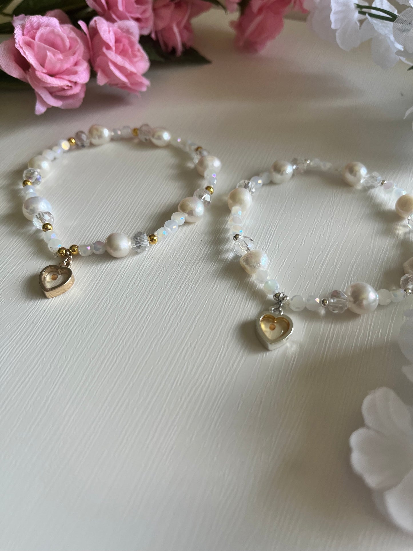 Mustard Seed Freshwater Pearl Bead Bracelet with gold or silver charm