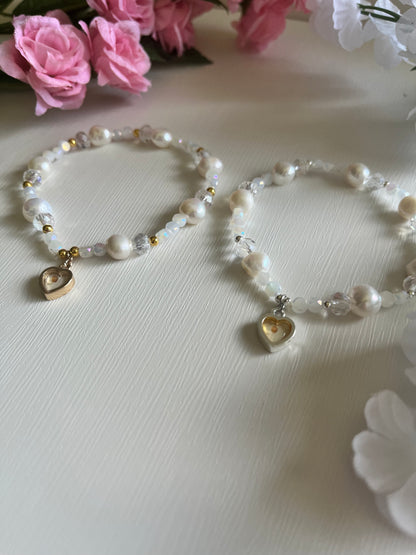 Mustard Seed Freshwater Pearl Bead Bracelet with gold or silver charm
