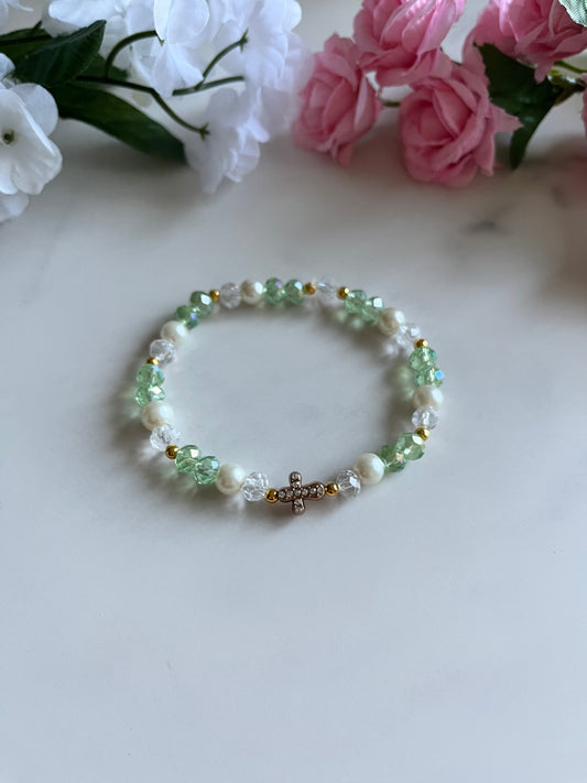 Pearl cross bracelet with gold charm and faux pearl beads