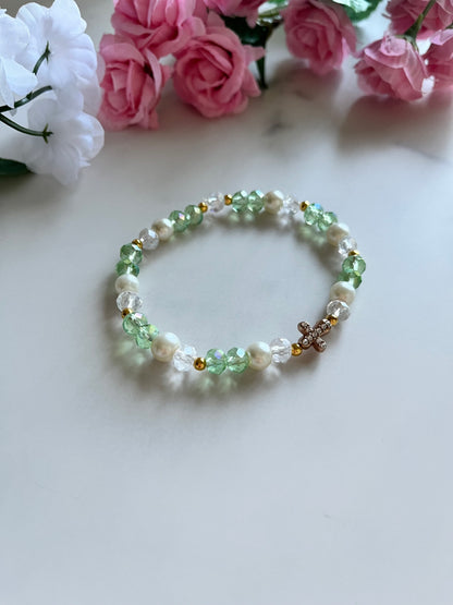 Pearl cross bracelet with gold charm and faux pearl beads
