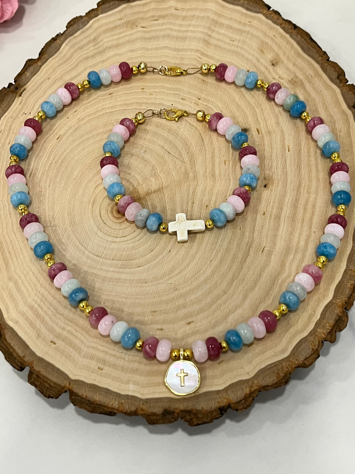 Fruit of the Spirit Cross Bracelet with stone beads and gold accents