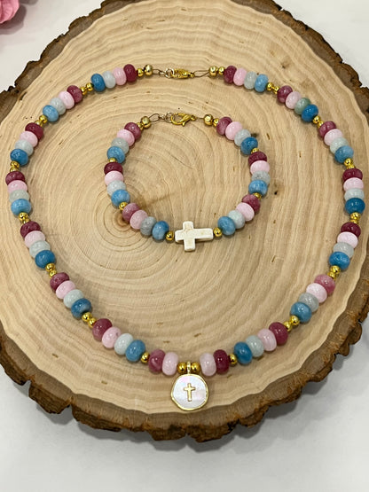 Fruit of the Spirit Cross Bracelet with stone beads and gold accents