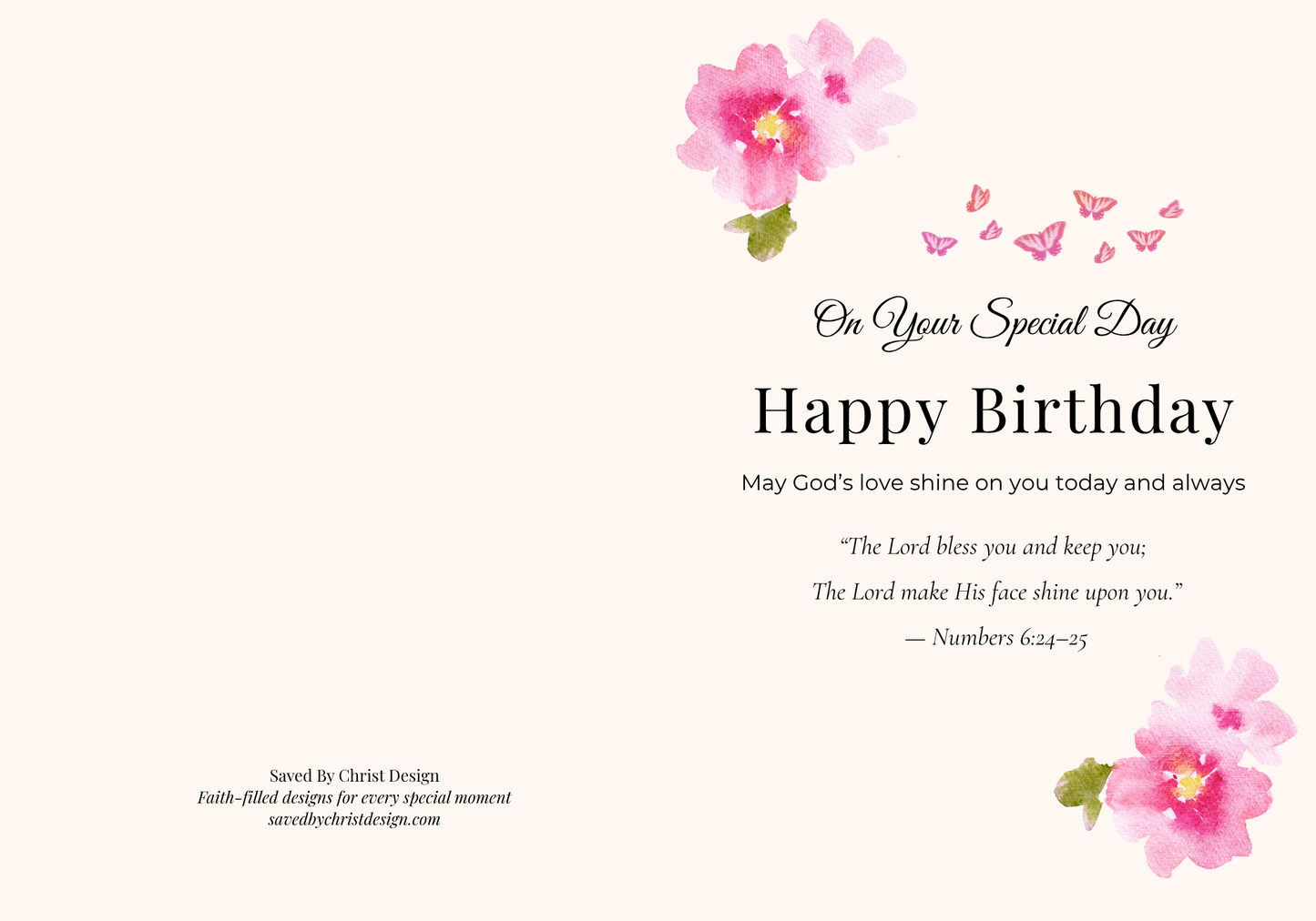Christian birthday card printable folded floral design with Bible verse Numbers 6 24 25