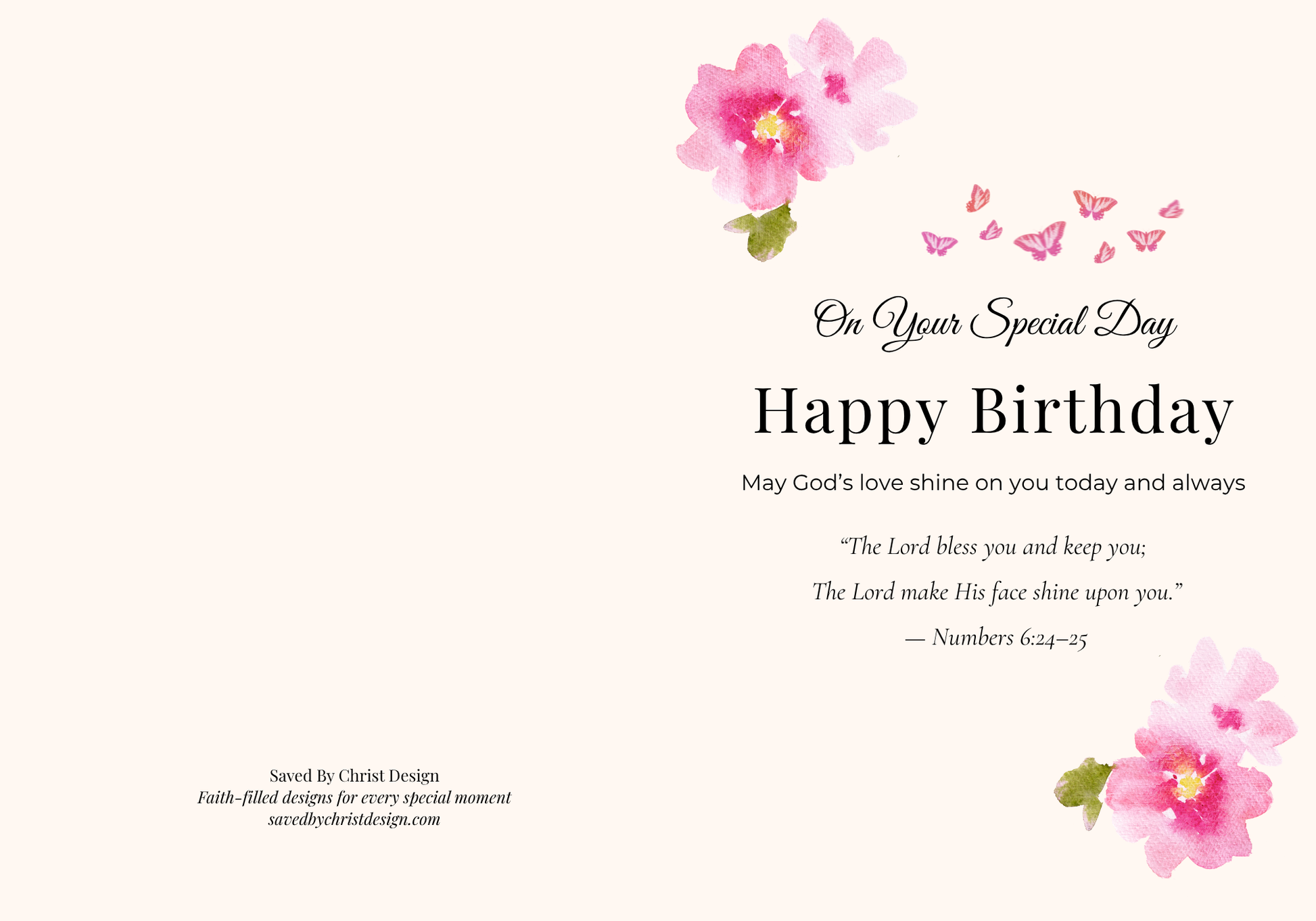 Christian birthday card printable folded floral design with Bible verse Numbers 6 24 25