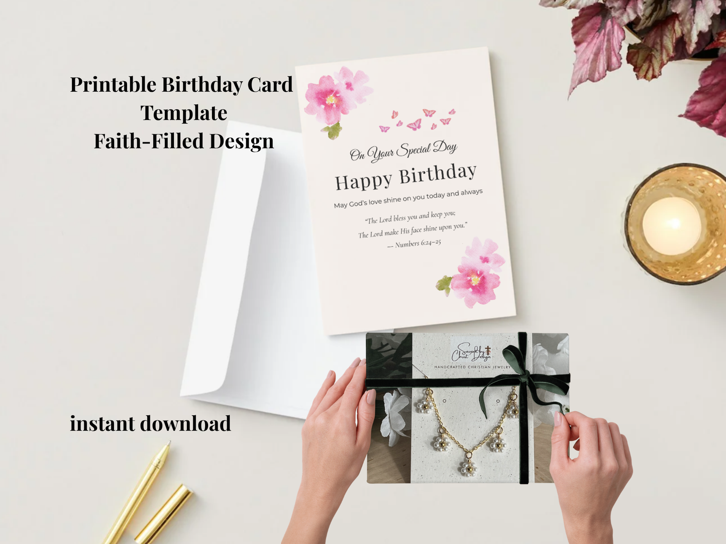 Christian birthday card printable folded floral design with Bible verse Numbers 6 24 25