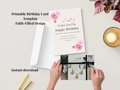 Christian birthday card printable folded floral design with Bible verse Numbers 6 24 25