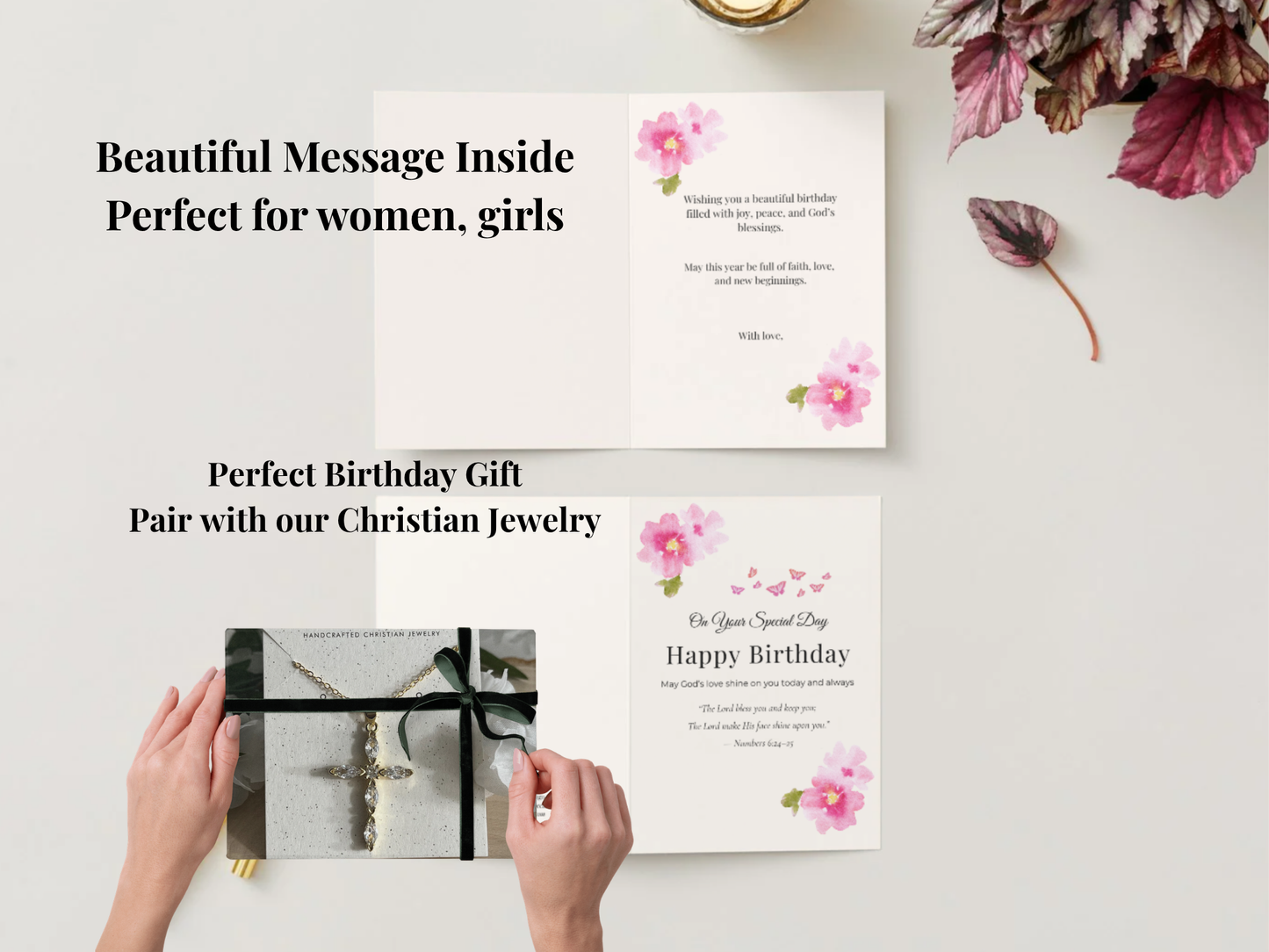 Christian birthday card printable folded floral design with Bible verse Numbers 6 24 25