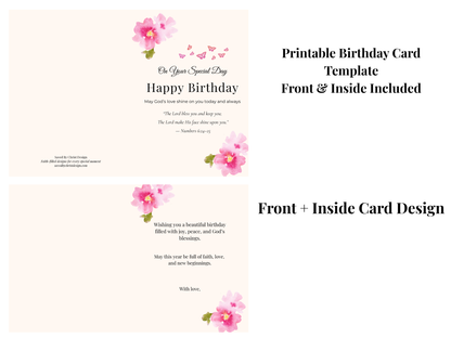 Christian birthday card printable folded floral design with Bible verse Numbers 6 24 25