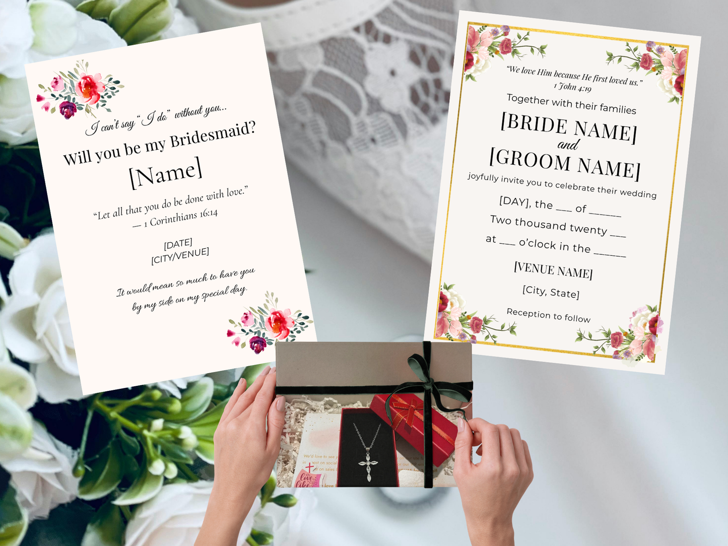 Christian bridesmaid proposal card template with floral design and Bible verse editable in Canva