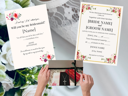 Christian bridesmaid proposal card template with floral design and Bible verse editable in Canva