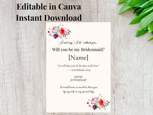 Christian bridesmaid proposal card template with floral design and Bible verse editable in Canva