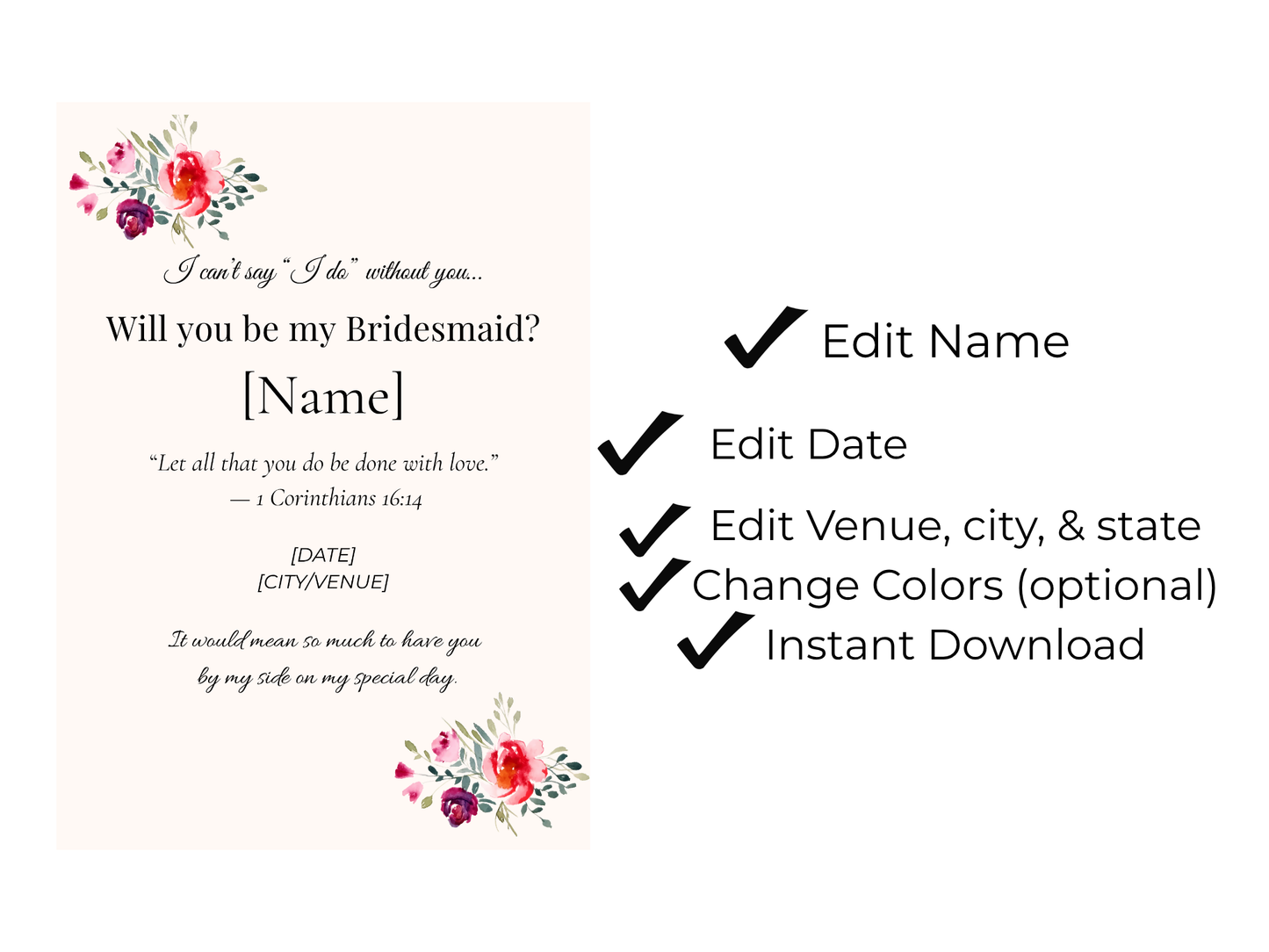 Christian bridesmaid proposal card template with floral design and Bible verse editable in Canva