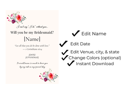 Christian bridesmaid proposal card template with floral design and Bible verse editable in Canva