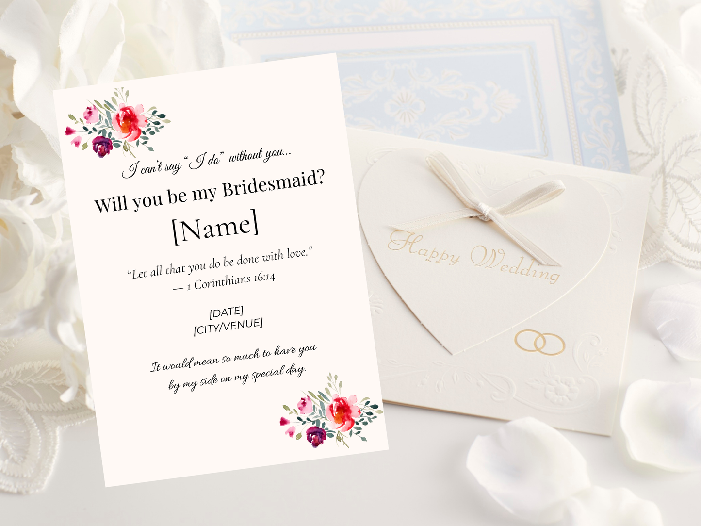 Christian bridesmaid proposal card template with floral design and Bible verse editable in Canva