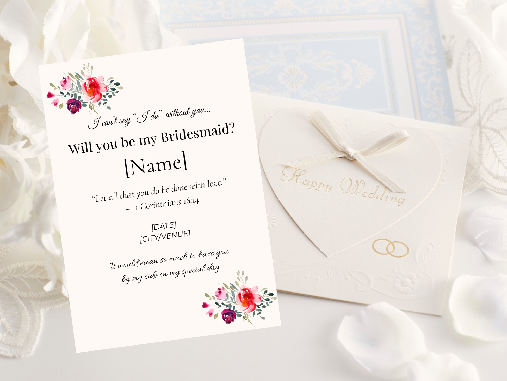 Christian bridesmaid proposal card template with floral design and Bible verse editable in Canva