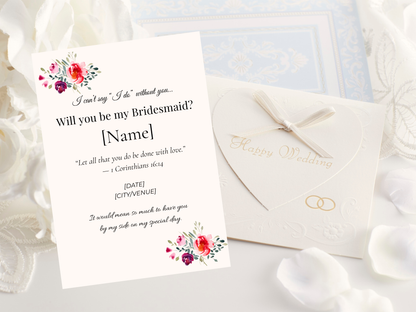 Christian bridesmaid proposal card template with floral design and Bible verse editable in Canva