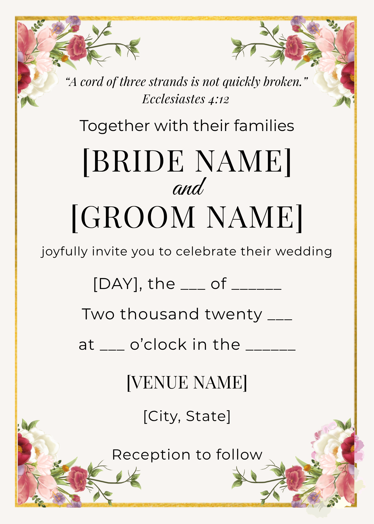 Editable Christian wedding invitation template with scripture elegant minimalist design