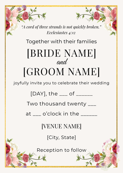Editable Christian wedding invitation template with scripture elegant minimalist design