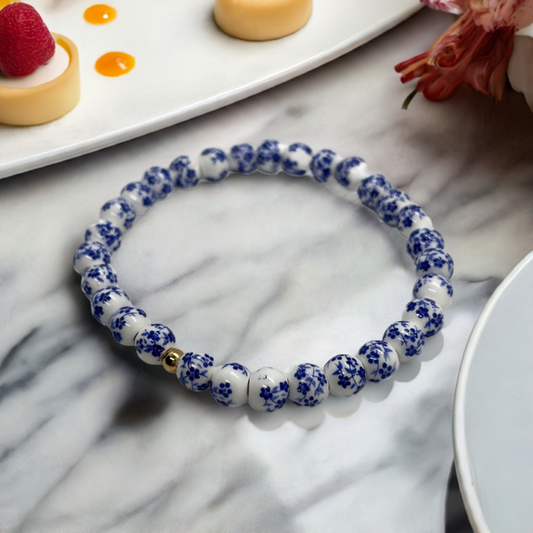 Beaded Bracelet with blue floral beads and stretchy fit, perfect for everyday wear

