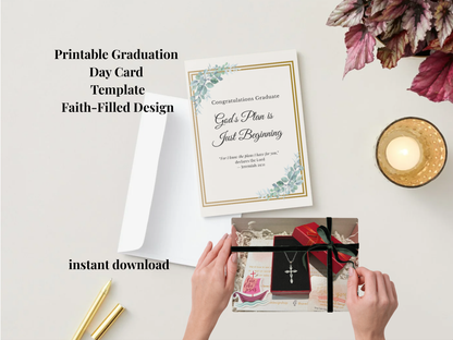 Christian graduation card printable, green floral gold design, Jeremiah 29:11, 5x7 folded
