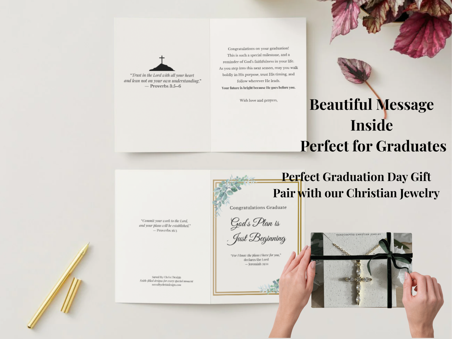 Christian graduation card printable, green floral gold design, Jeremiah 29:11, 5x7 folded
