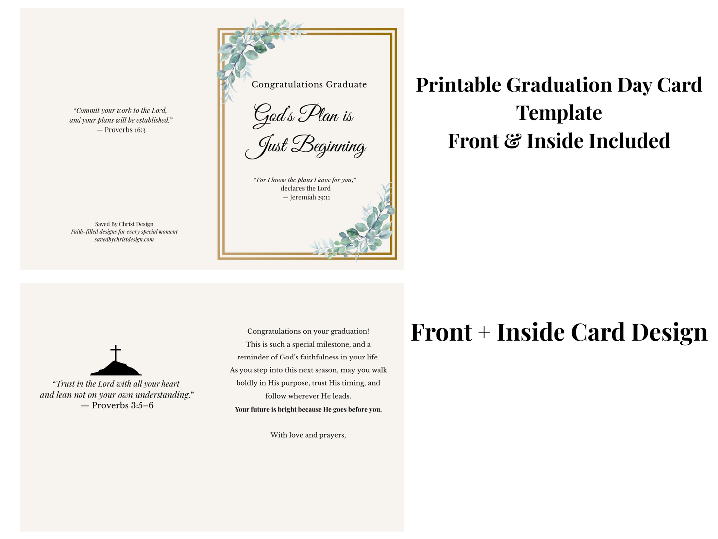 Christian graduation card printable, green floral gold design, Jeremiah 29:11, 5x7 folded
