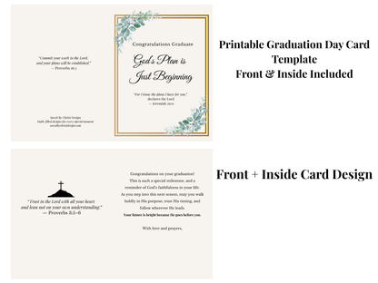Christian graduation card printable, green floral gold design, Jeremiah 29:11, 5x7 folded

