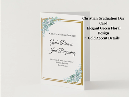 Christian graduation card printable, green floral gold design, Jeremiah 29:11, 5x7 folded
