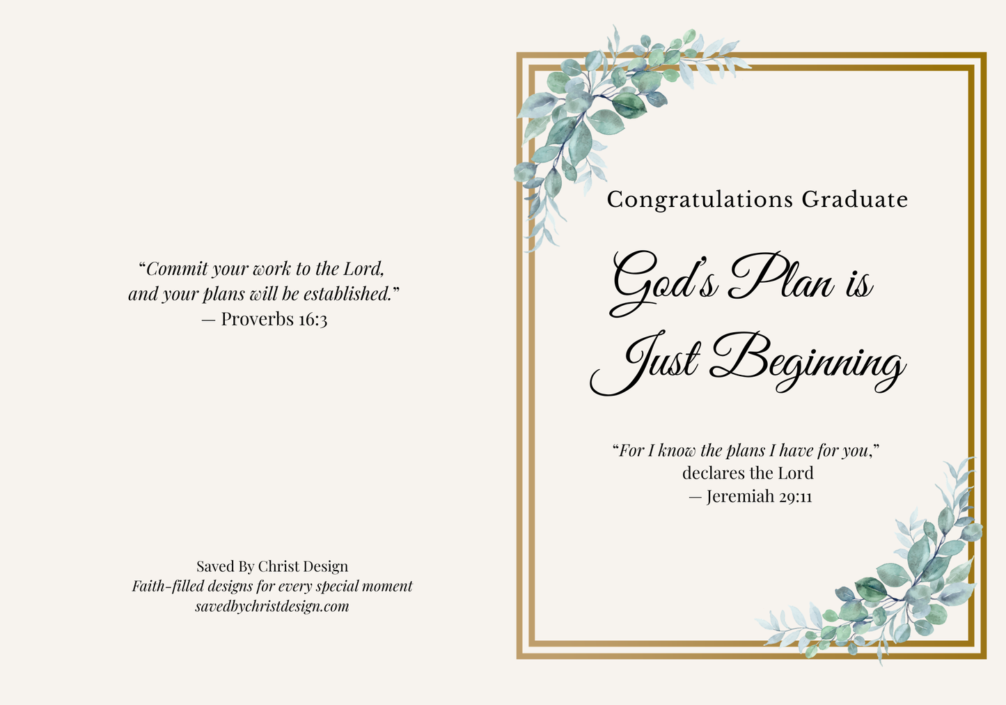 Christian graduation card printable, green floral gold design, Jeremiah 29:11, 5x7 folded
