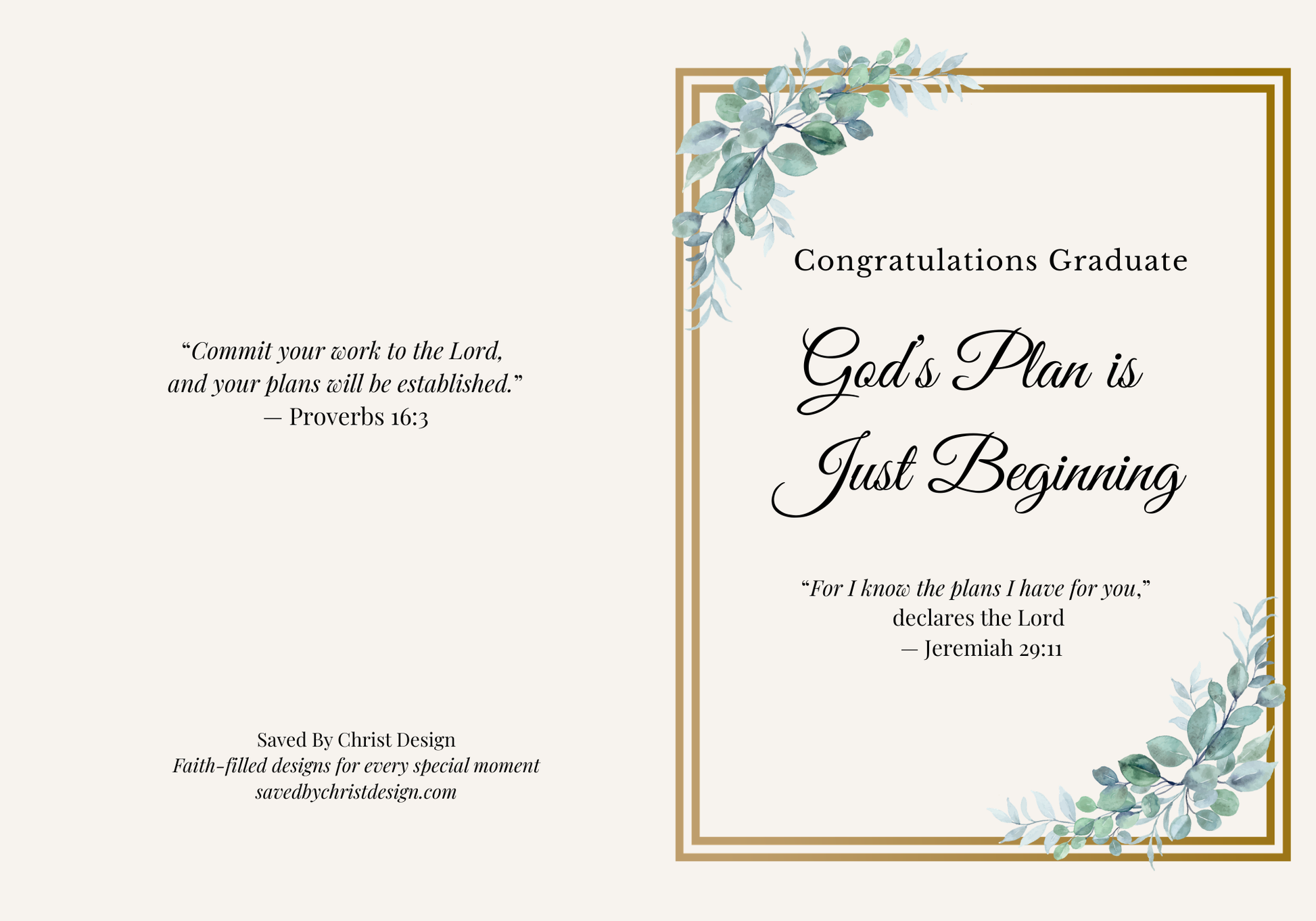 Christian graduation card printable, green floral gold design, Jeremiah 29:11, 5x7 folded
