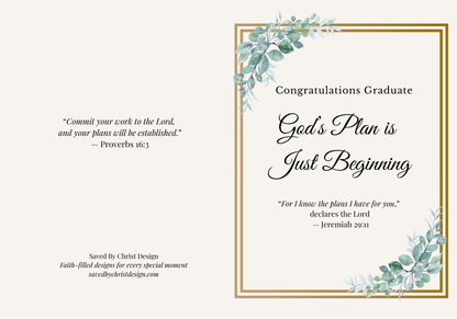 Christian graduation card printable, green floral gold design, Jeremiah 29:11, 5x7 folded
