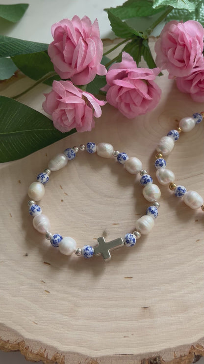 Floral Pearl Cross Bracelet – Christian Jewelry for Women