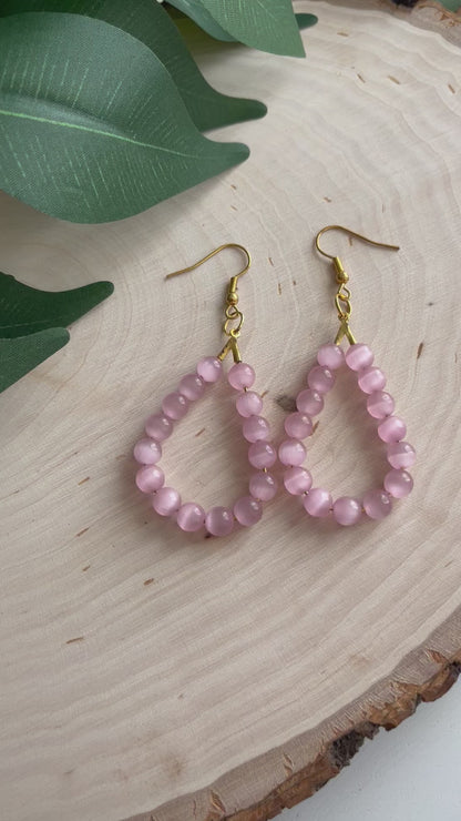 Pendientes colgantes de oro con ópalo ojo de gato rosa