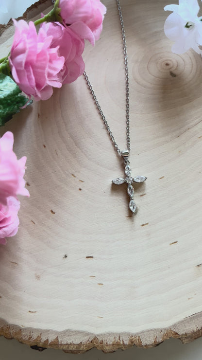 Silver Crystal Cross Pendant Necklace