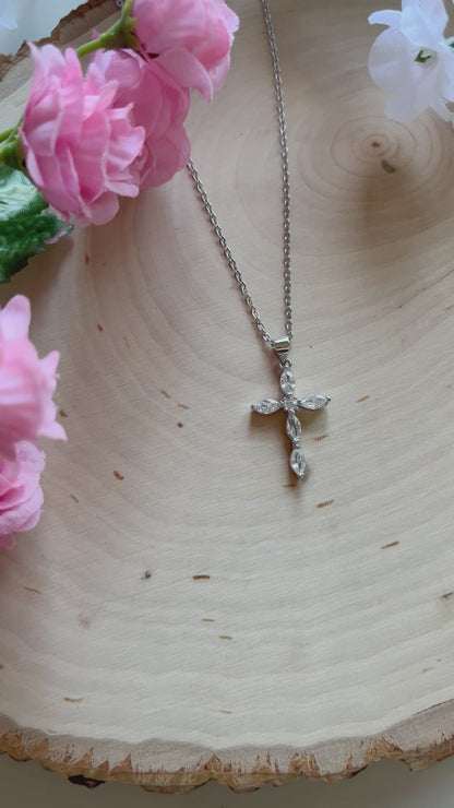 Silver Crystal Cross Pendant Necklace