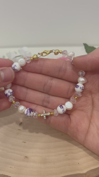 Freshwater Pearl Floral Cross Bead Bracelet