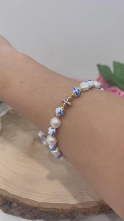 Floral Pearl Cross Bracelet – Christian Jewelry for Women