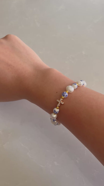 Floral Pearl Cross Bracelet – Christian Jewelry for Women