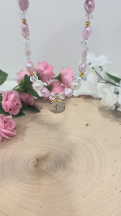 Pink White Pearl Gold Cross Bead Bracelet