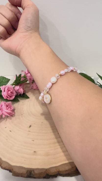 Pink White Pearl Gold Cross Bead Bracelet