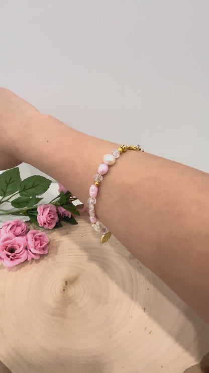 Pink White Pearl Gold Cross Bead Bracelet