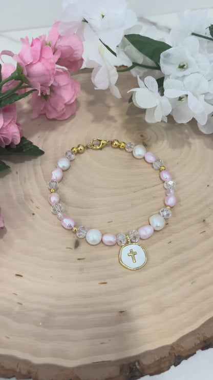 Pink White Pearl Gold Cross Bead Bracelet