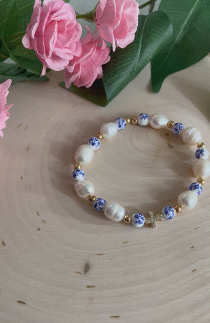 Floral Pearl Cross Bracelet – Christian Jewelry for Women