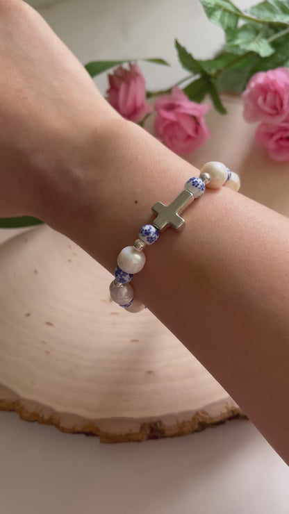 Floral Pearl Cross Bracelet – Christian Jewelry for Women
