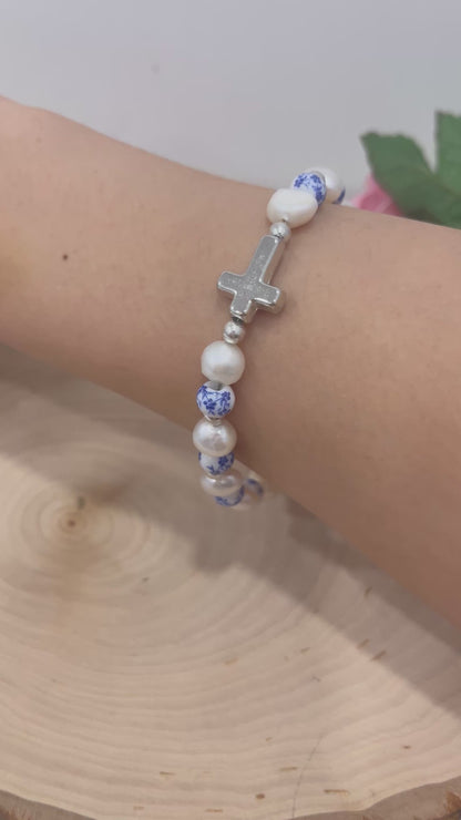 Floral Pearl Cross Bracelet – Christian Jewelry for Women