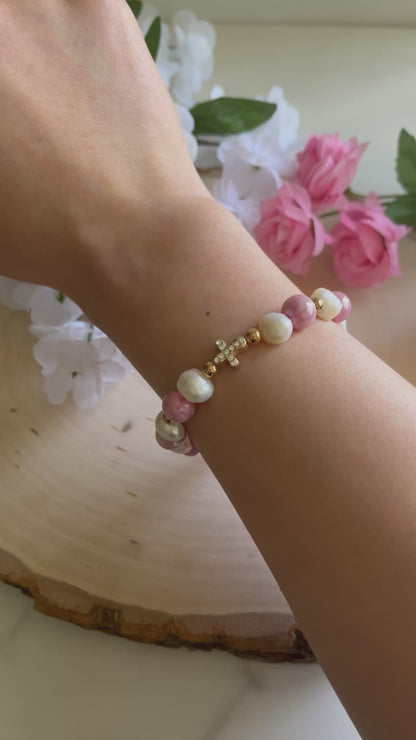 Pink Pearl Bead Gold Cross Bracelet – Christian Jewelry Gift for Her
