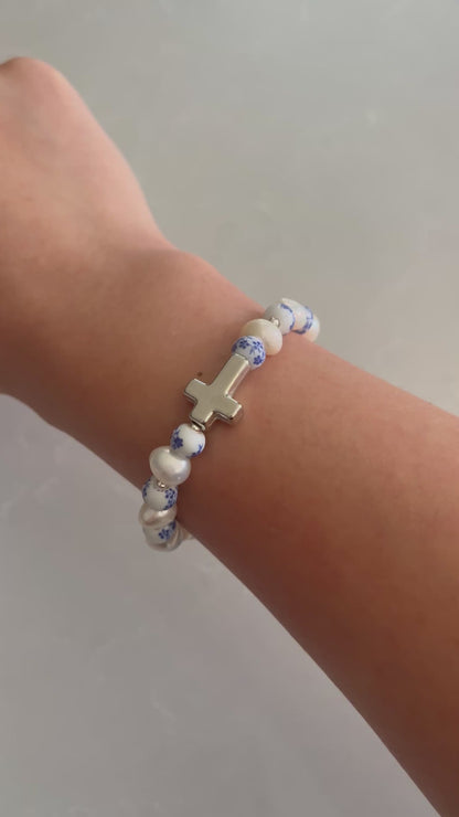 Floral Pearl Cross Bracelet – Christian Jewelry for Women