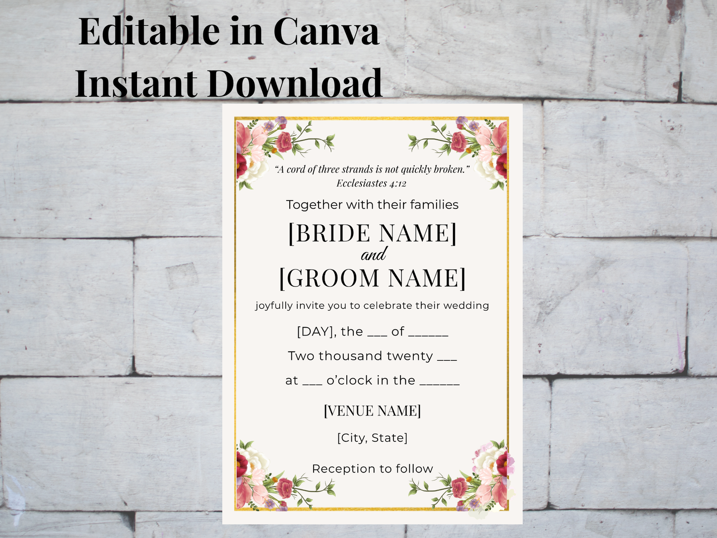 Editable Christian wedding invitation template with scripture elegant minimalist design